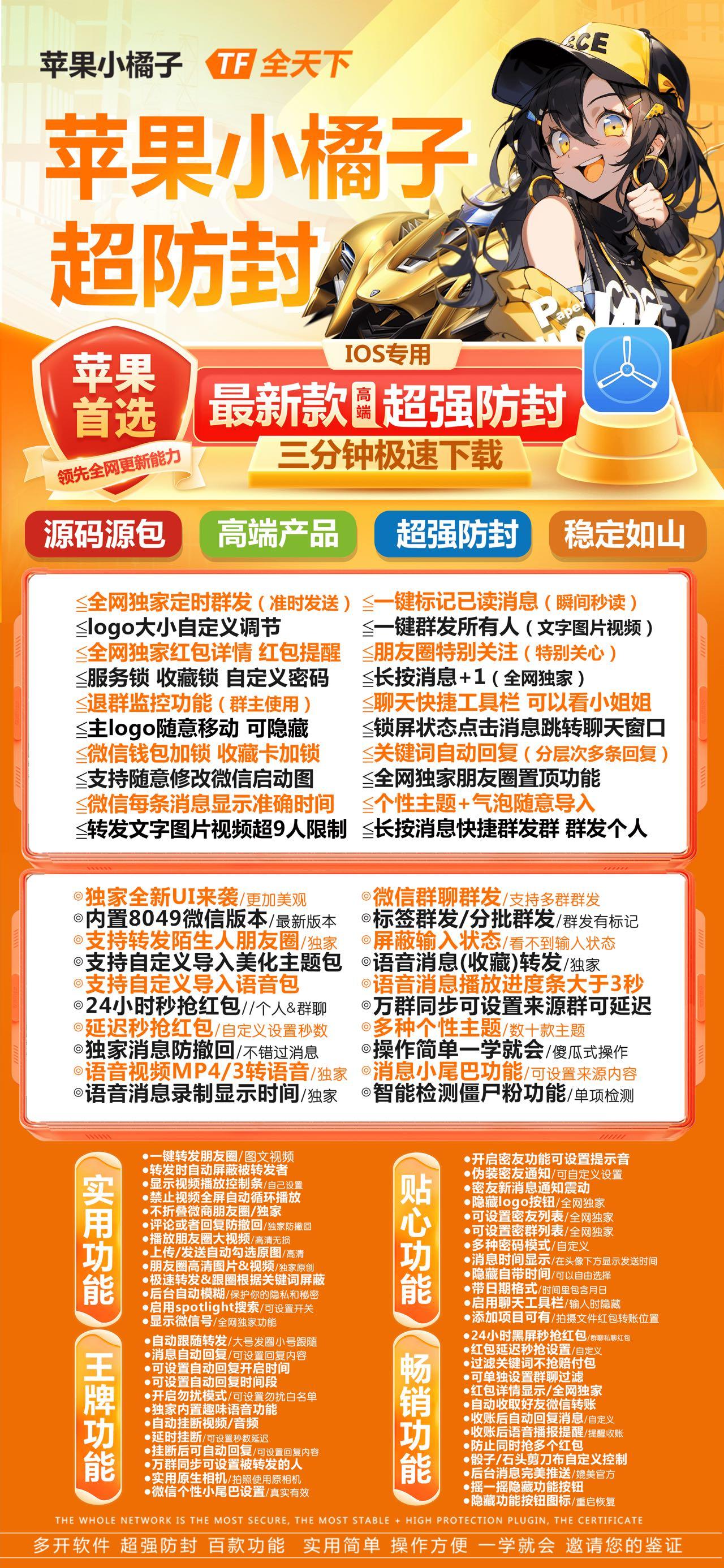 TF小橘子-下载及激活卡密-苹果分身/苹果功能微信/关键词自动回复/全球虚拟定位/支持共享位置/自动通过好友/退群监控
