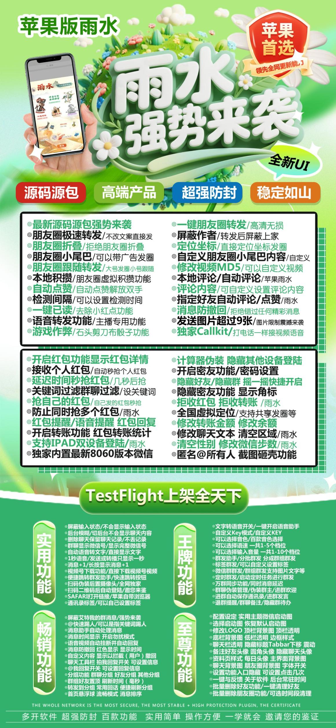 TF雨水-下载及激活卡密-苹果分身/苹果功能微信/关键词自动回复/全球虚拟定位/支持共享位置/自动通过好友/退群监控